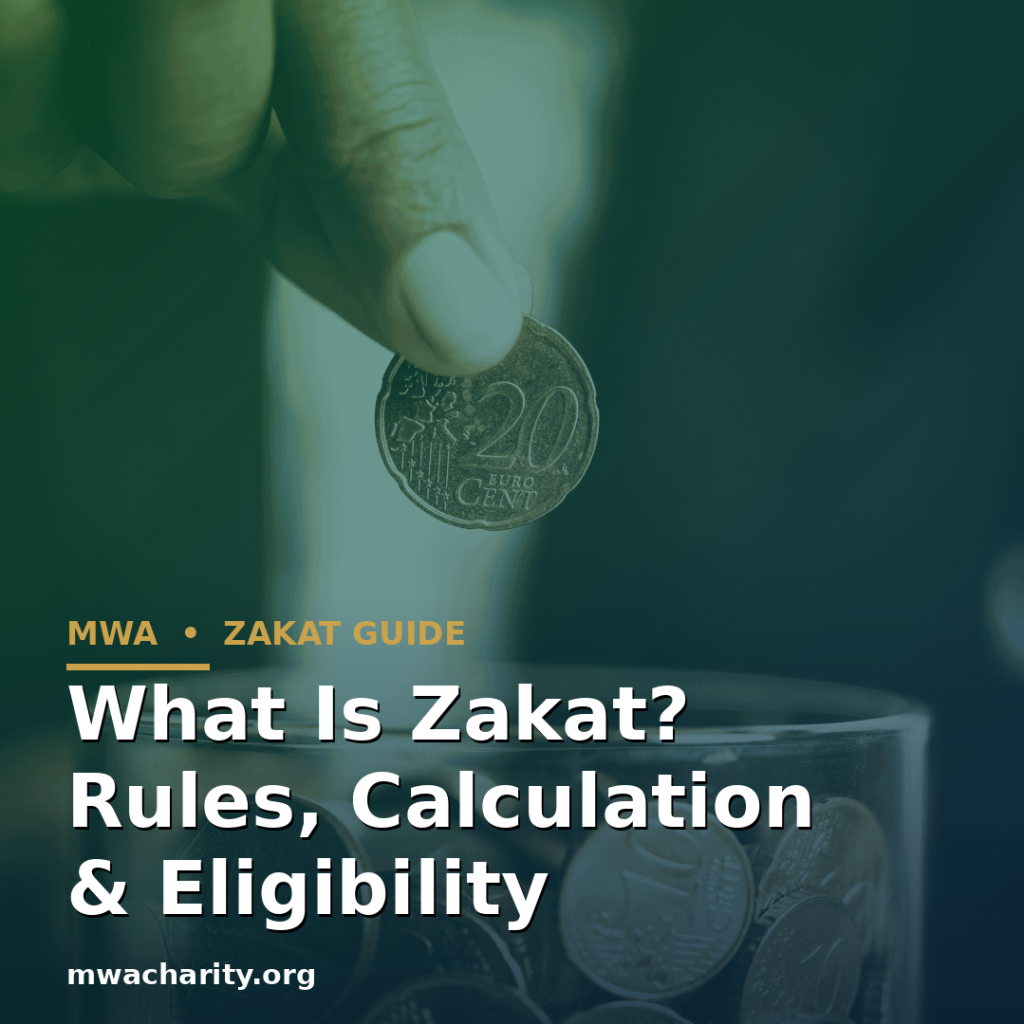 Hand placing a coin into a jar of coins, with green-blue overlay and white text reading 'What Is Zakat? Rules, Calculation & Eligibility' for MWA